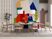 Bold layered geometric wall mural with teal navy and warm orange shapes., GD10551