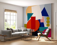 Playful geometry wall mural with overlapping shapes in orange navy and teal., GD10551
