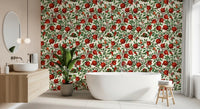 Bathroom wallpaper with red pomegranates and green foliage on cream background.