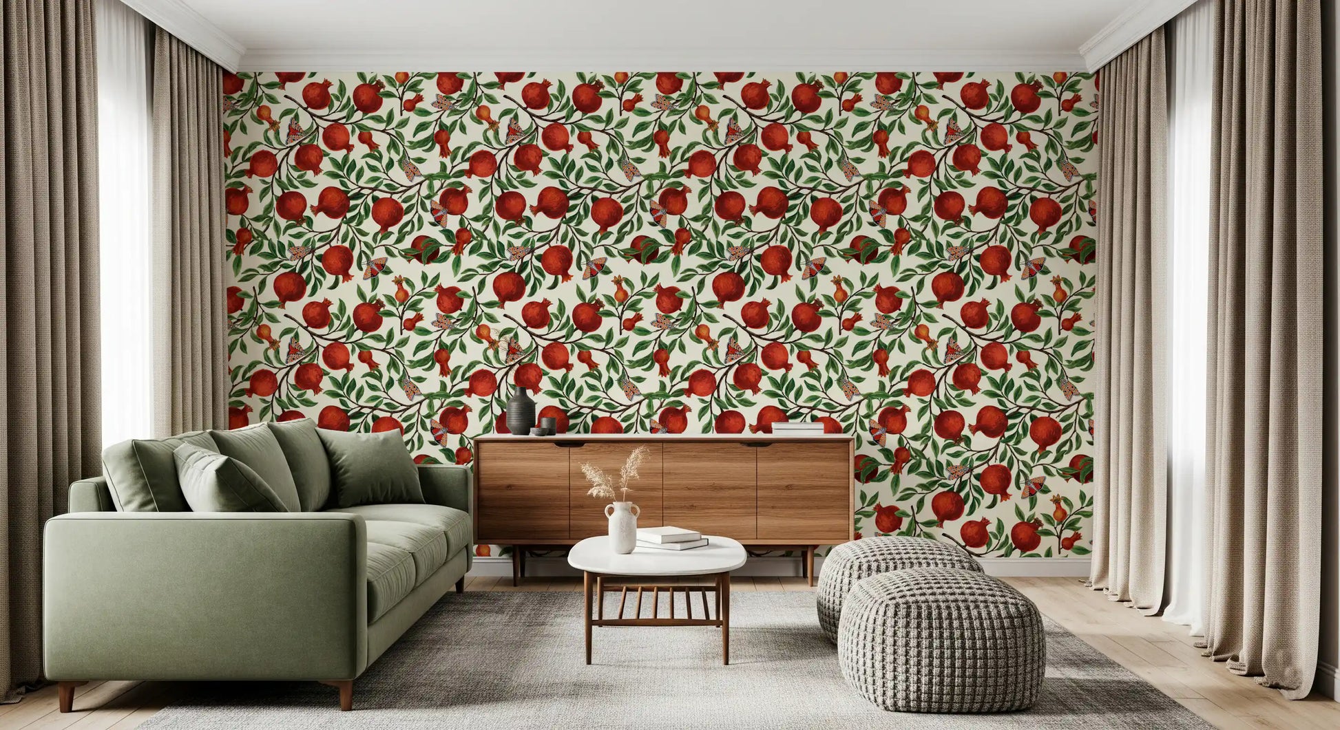 Pomegranate branch wallpaper with dark brown stems and deep green leaves.