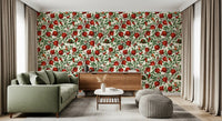 Pomegranate branch wallpaper with dark brown stems and deep green leaves.