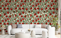 Living room wallpaper with botanical pomegranate branches and butterflies.