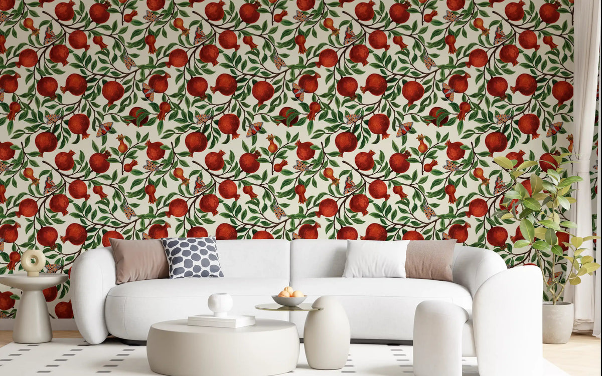 Living room wallpaper with botanical pomegranate branches and butterflies., GD10552