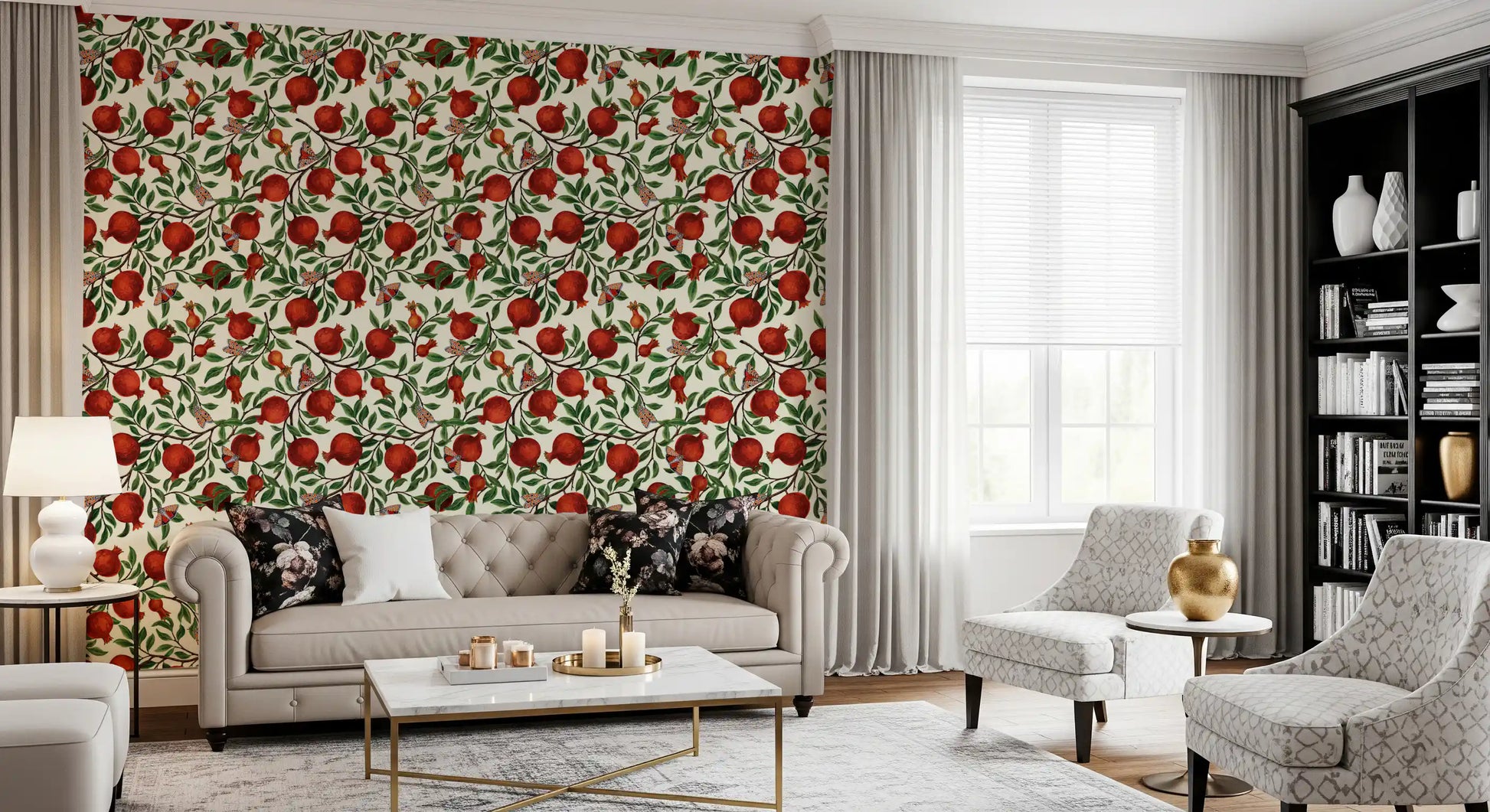 Crimson pomegranate fruit wallpaper with scattered butterfly motifs on cream base.