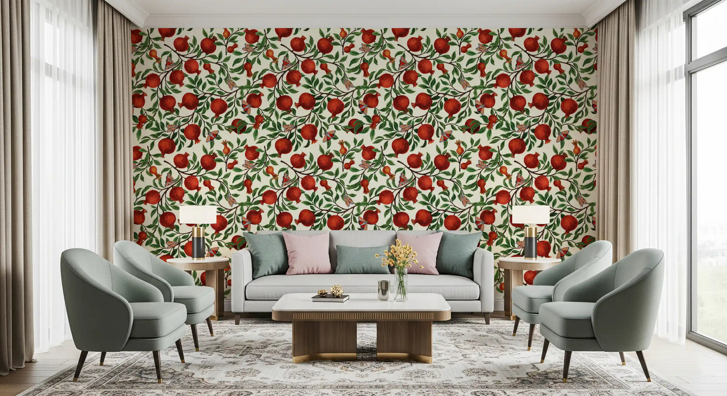 Cream background wallpaper with red pomegranates and colourful butterfly accents.