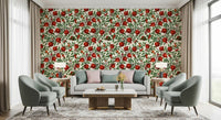 Cream background wallpaper with red pomegranates and colourful butterfly accents.