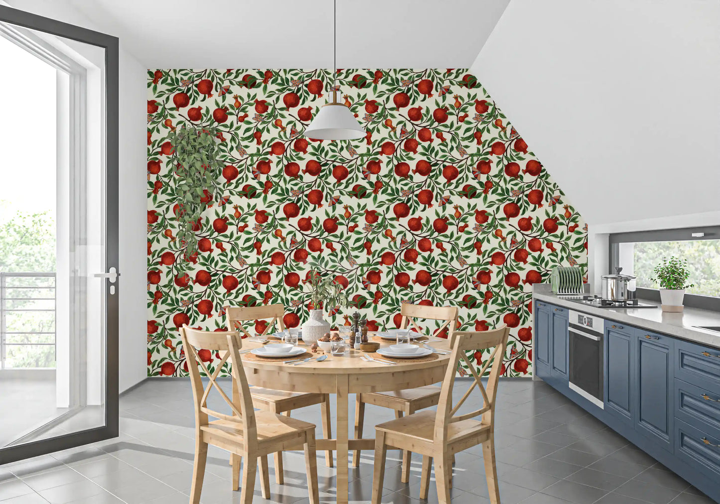 Botanical repeat pattern wallpaper with pomegranates and colourful butterflies in dining room.