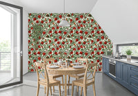 Botanical repeat pattern wallpaper with pomegranates and colourful butterflies in dining room.
