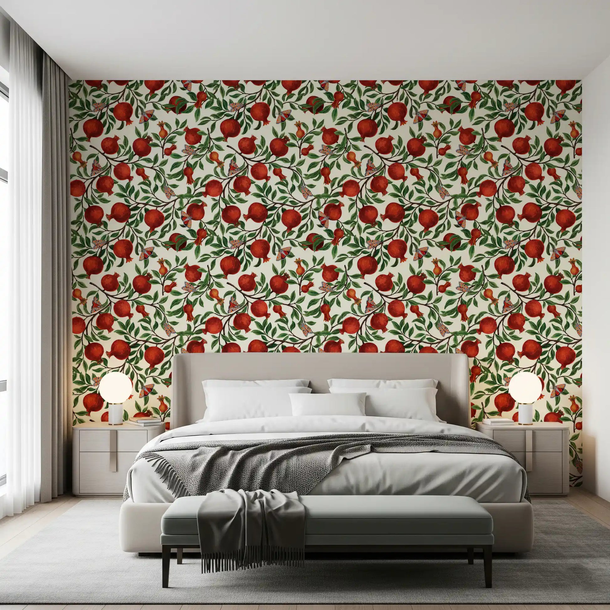 Green leaf and red pomegranate wallpaper with orange-winged butterflies in bedroom.