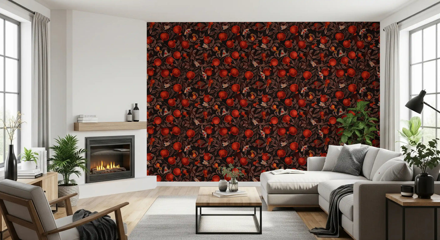 Black background wallpaper with crimson pomegranates and colourful butterfly.