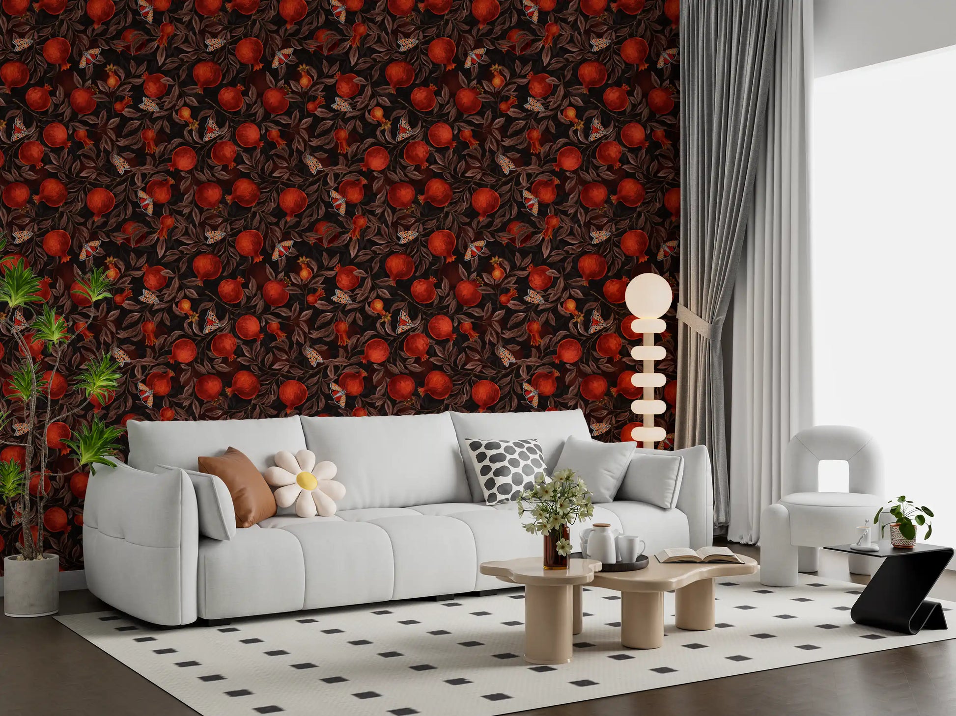 Dark pomegranate wallpaper with layered brown foliage and scattered butterflies.
