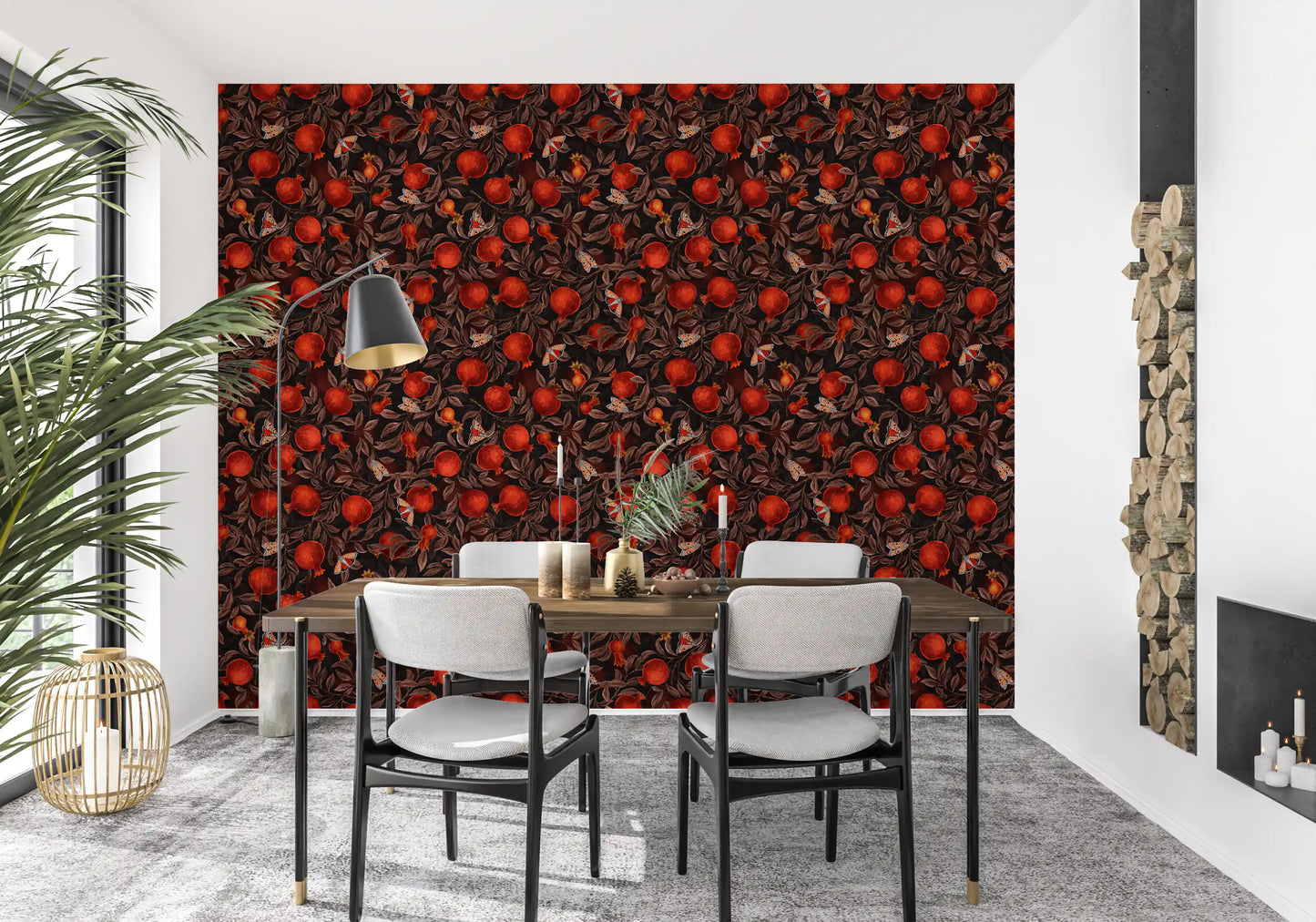 Botanical repeat pattern wallpaper with pomegranates and butterflies on black base.
