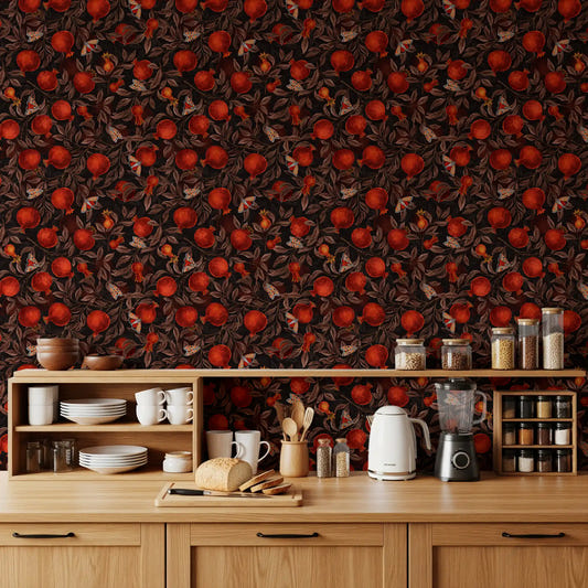 Kitchen wallpaper with pomegranate nocturne botanical pattern.