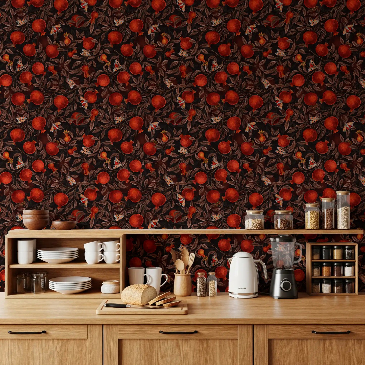 Kitchen wallpaper with pomegranate nocturne botanical pattern.