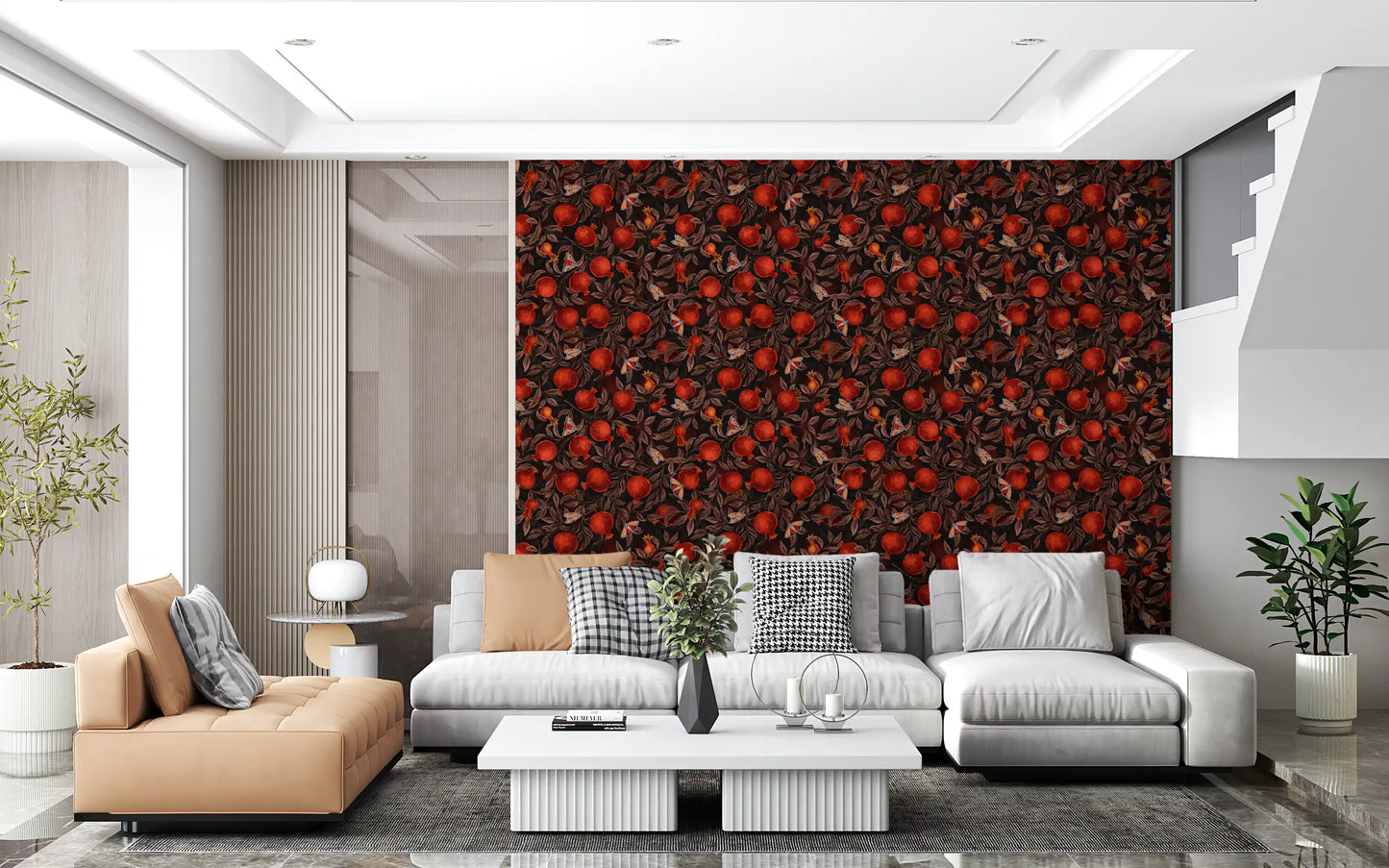 Wallpaper showing red pomegranate and butterfly pattern in living area.