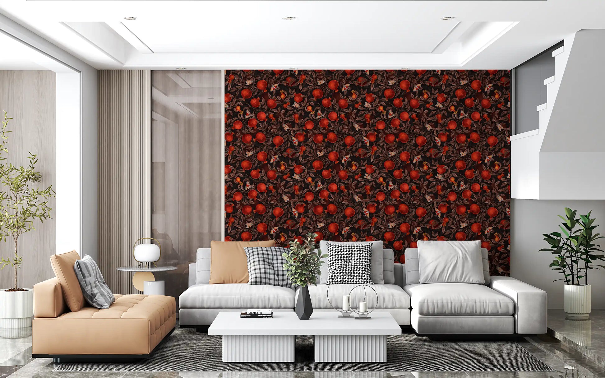 Wallpaper showing red pomegranate and butterfly pattern in living area.