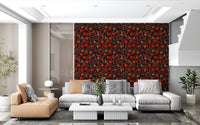 Wallpaper showing red pomegranate and butterfly pattern in living area.