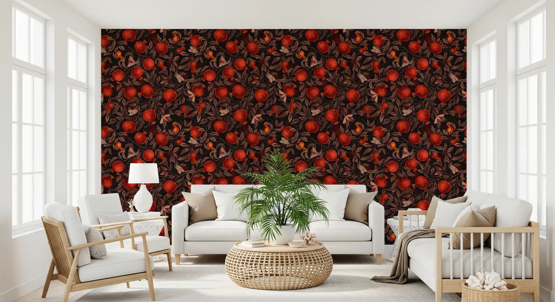Dark botanical wallpaper with red pomegranates and orange-winged butterflies.