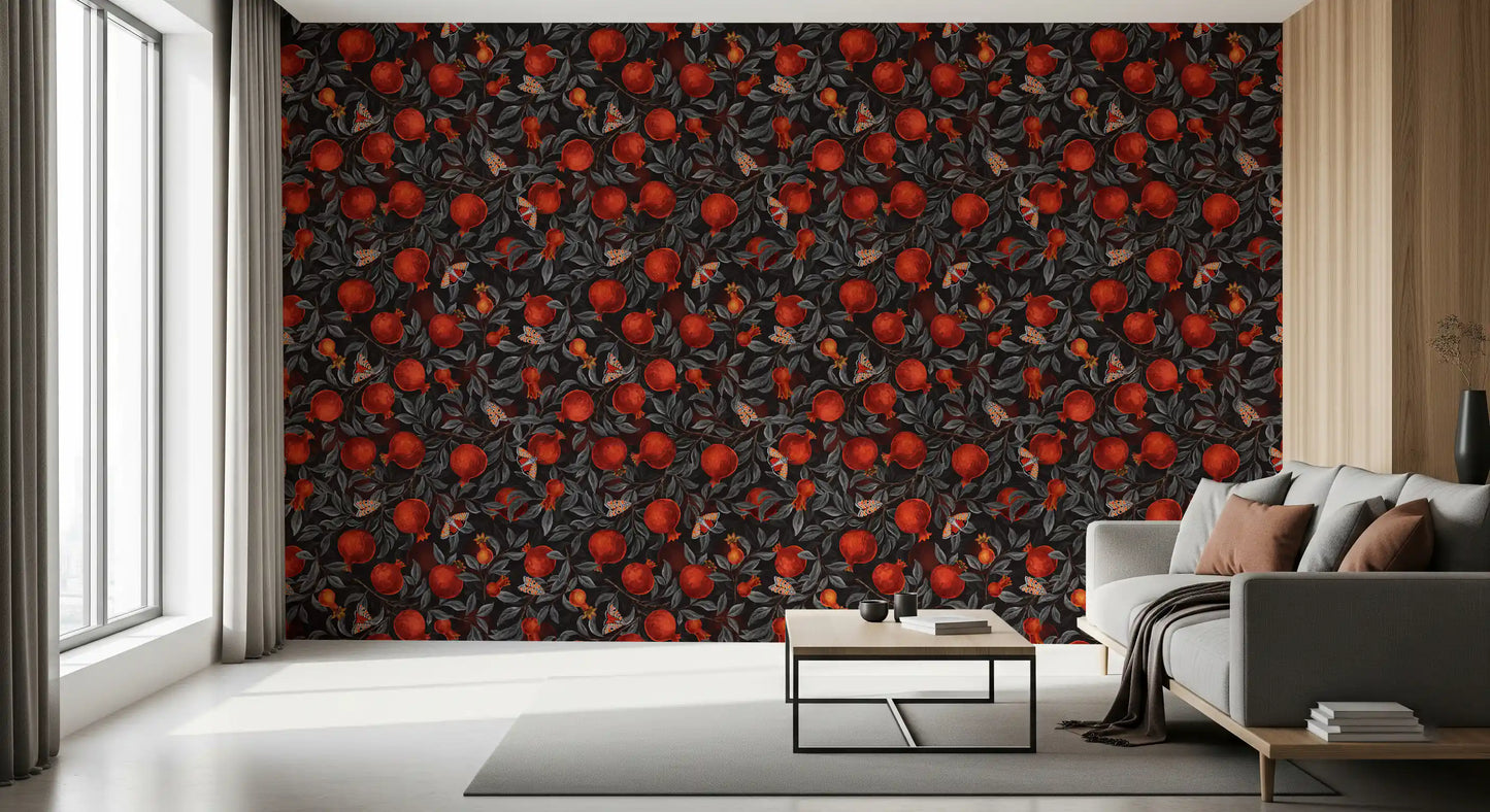 Pomegranate branch wallpaper with grey pointed leaves on charcoal backdrop.
