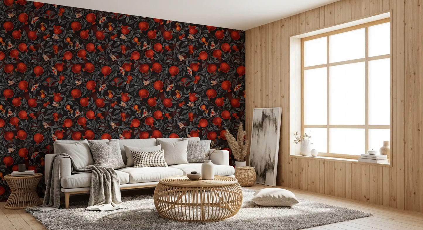 Dark pomegranate wallpaper with layered grey foliage and scattered moths.