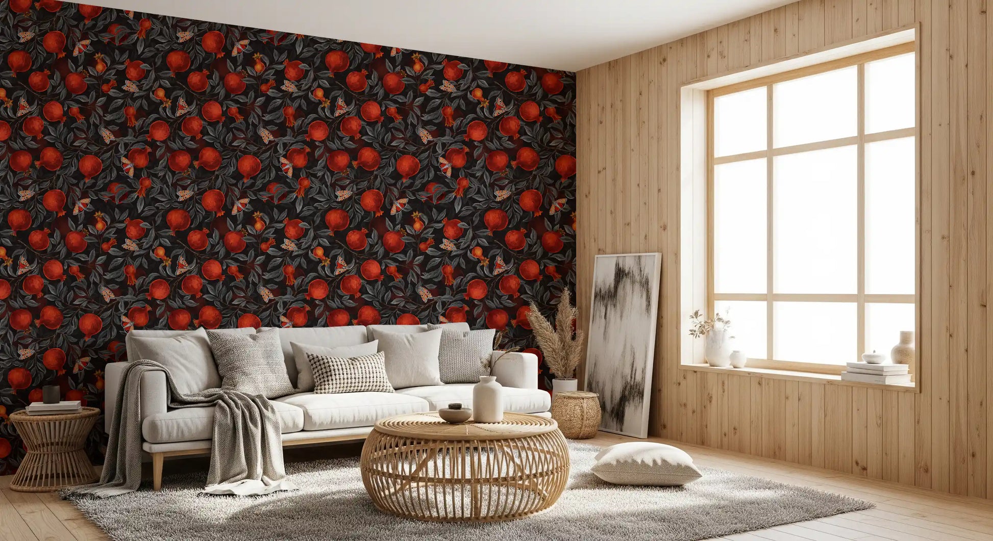 Dark pomegranate wallpaper with layered grey foliage and scattered moths.