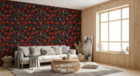 Dark pomegranate wallpaper with layered grey foliage and scattered moths.