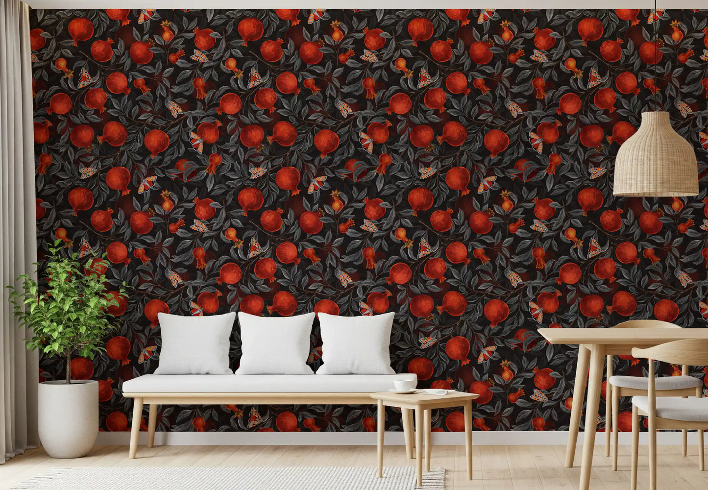 Dining room wallpaper with red pomegranates and grey leaves on black background.