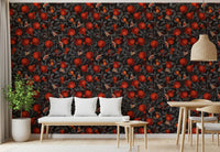 Dining room wallpaper with red pomegranates and grey leaves on black background.