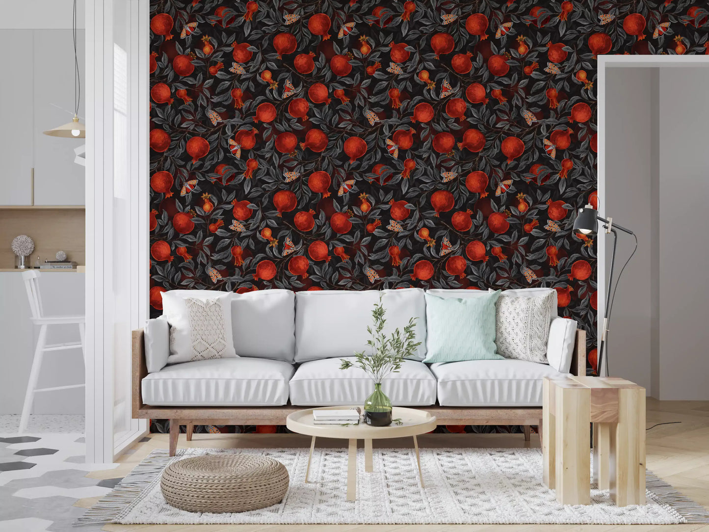Black background wallpaper with crimson pomegranates and grey silver leaves.