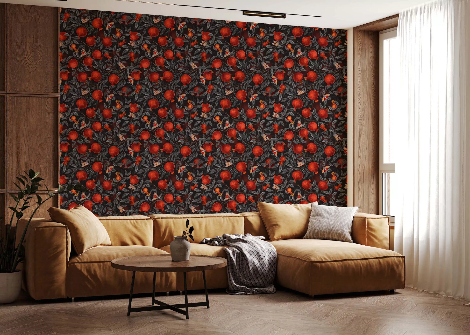 Red pomegranate wallpaper with silver-grey leaves and dark dense foliage.