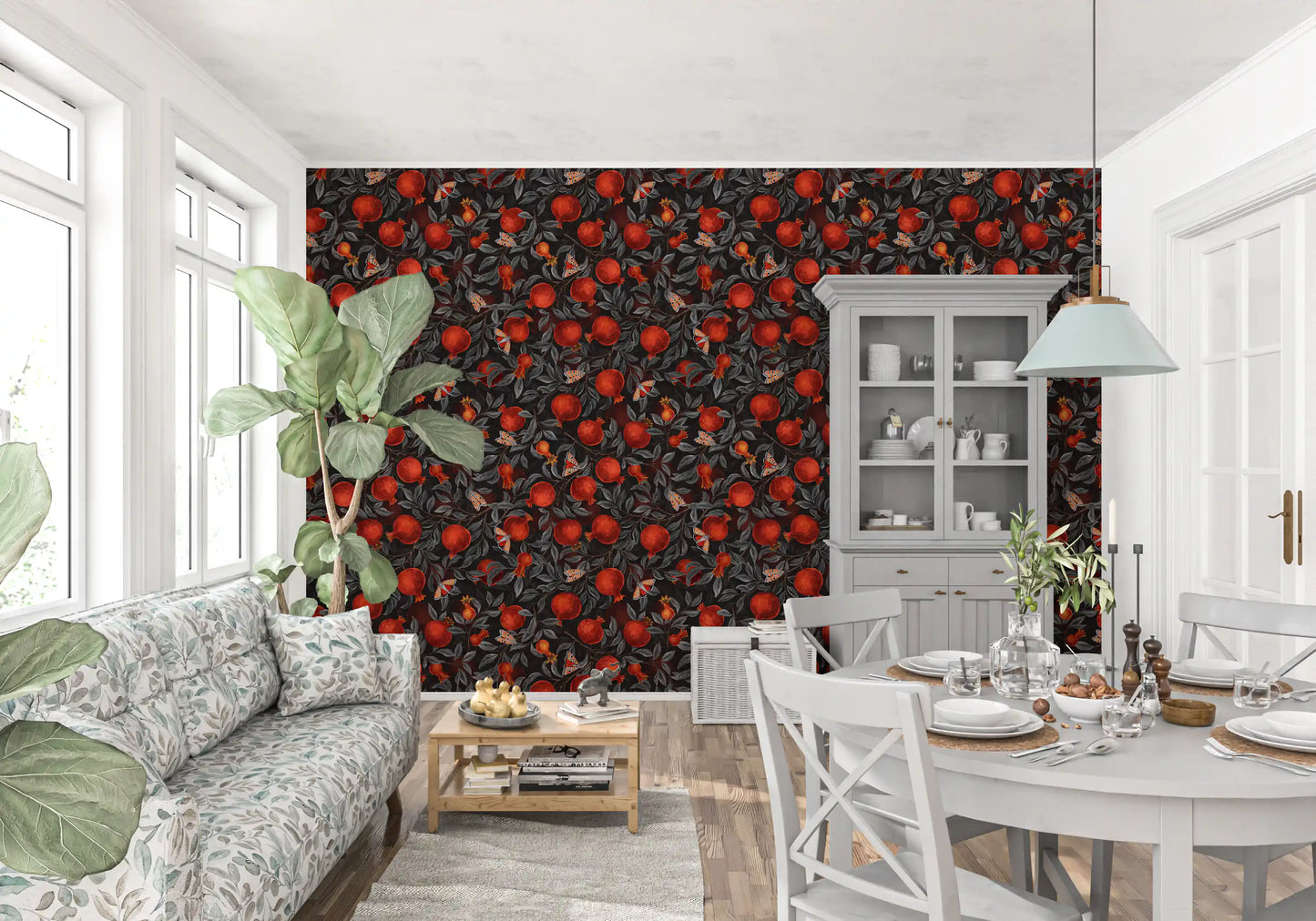 Dark botanical wallpaper with crimson pomegranates and orange-winged moths.