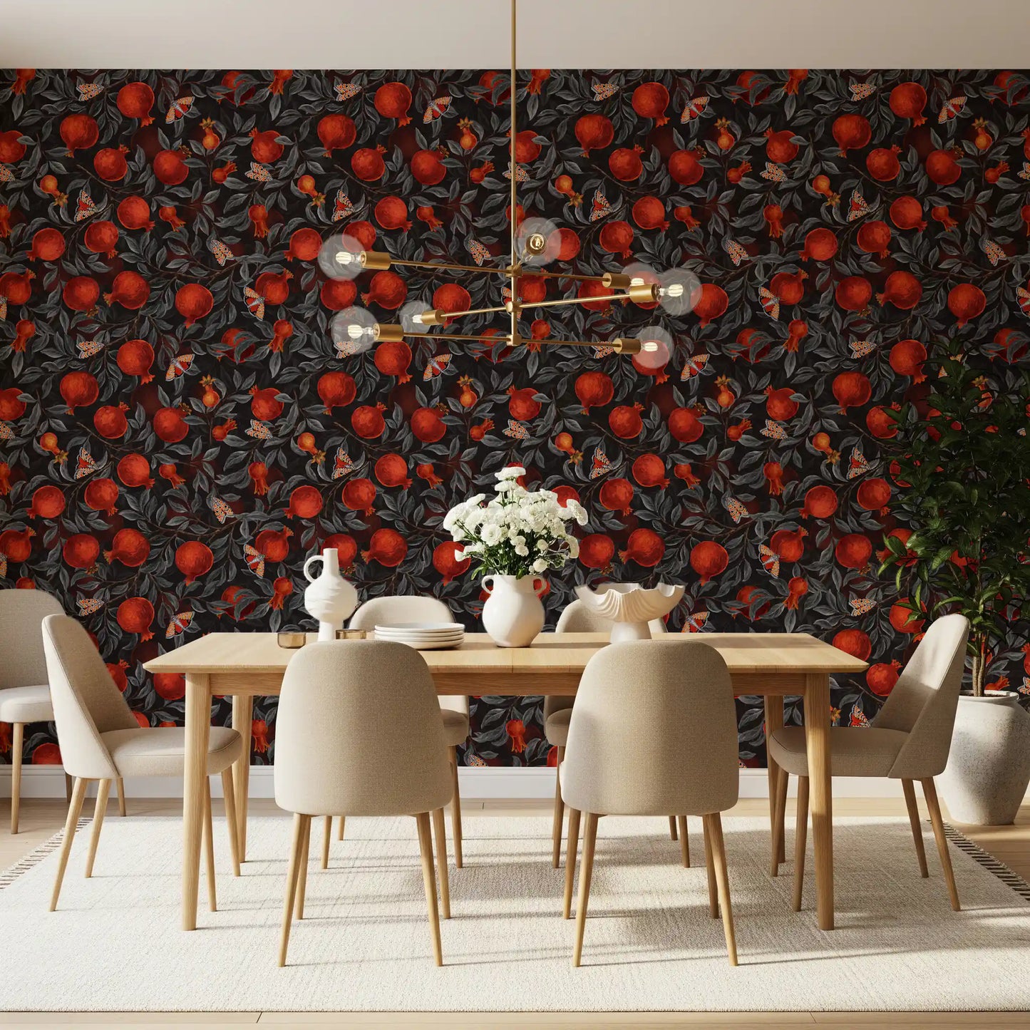 Dining room wallpaper with crimson pomegranate and moth botanical pattern.
