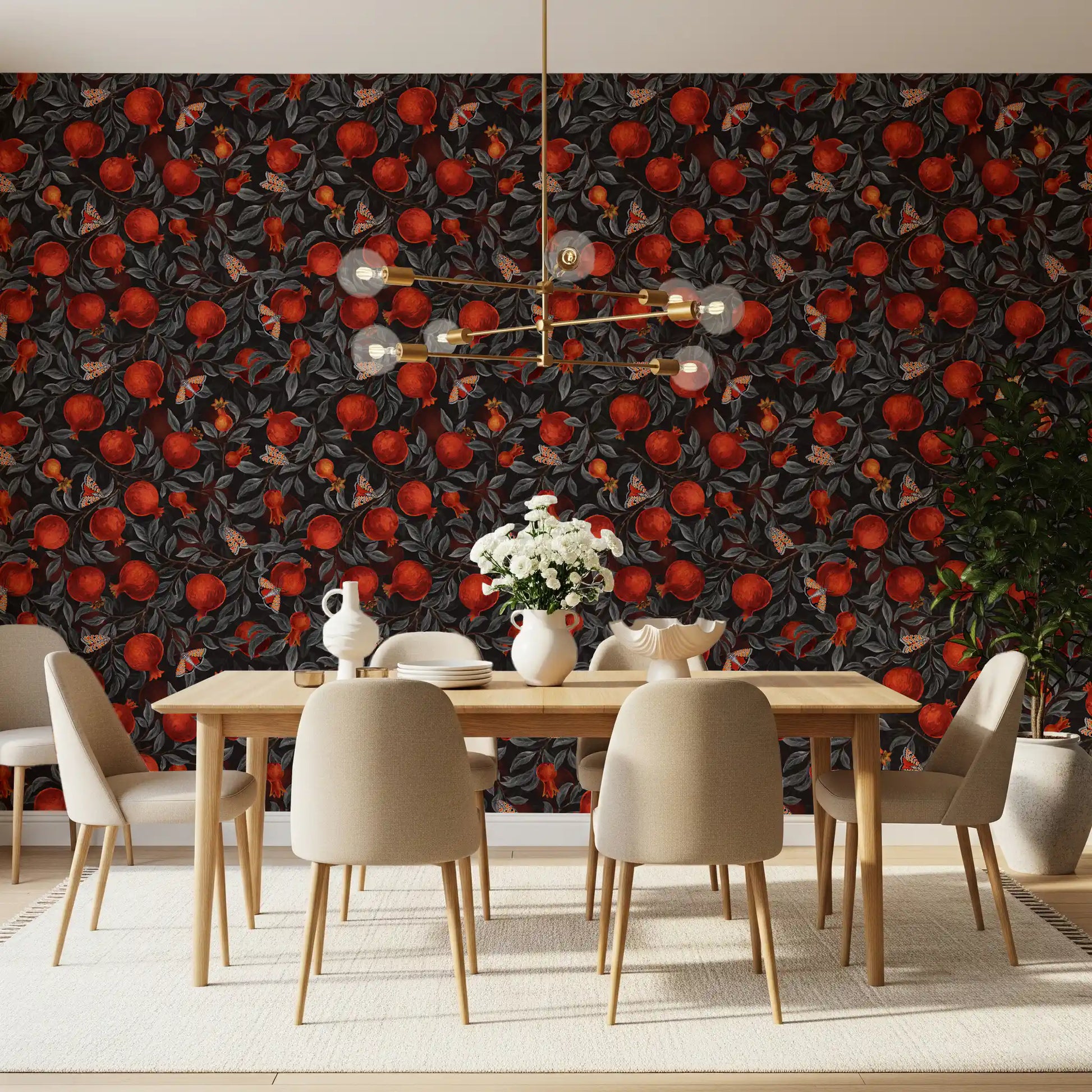Dining room wallpaper with crimson pomegranate and moth botanical pattern.