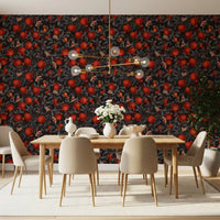 Dining room wallpaper with crimson pomegranate and moth botanical pattern.