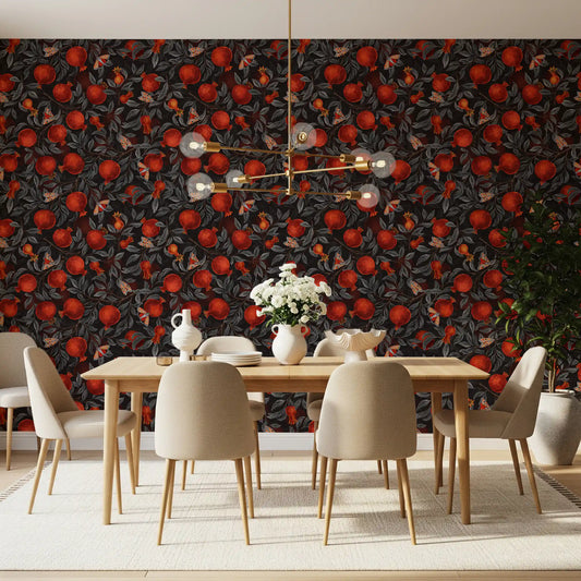 Dining room wallpaper with crimson pomegranate and moth botanical pattern.
