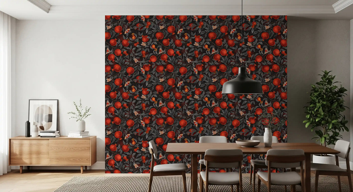 Botanical repeat pattern wallpaper with pomegranates and moths in dining area.