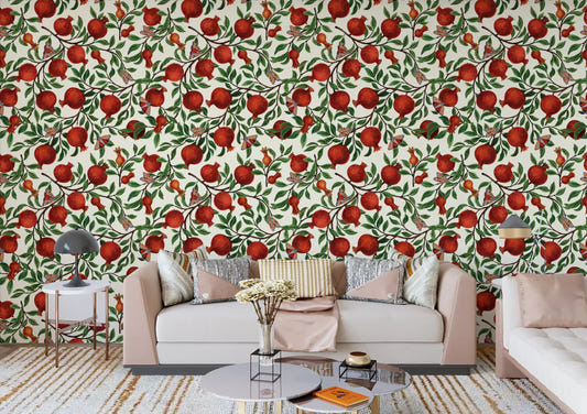 Living room wallpaper with botanical pomegranate garden repeat pattern. 