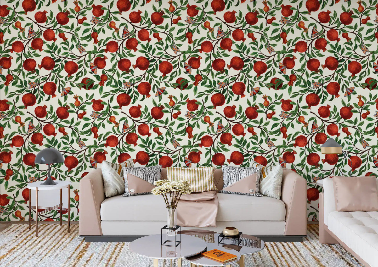 Living room wallpaper with botanical pomegranate garden repeat pattern. 