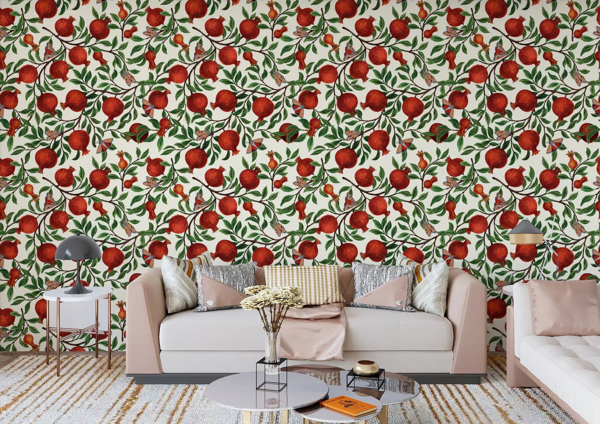 Living room wallpaper with botanical pomegranate garden repeat pattern. 