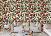 Living room wallpaper with botanical pomegranate garden repeat pattern. 