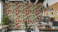 Pomegranate and butterfly wallpaper with orange-winged moths on cream base.