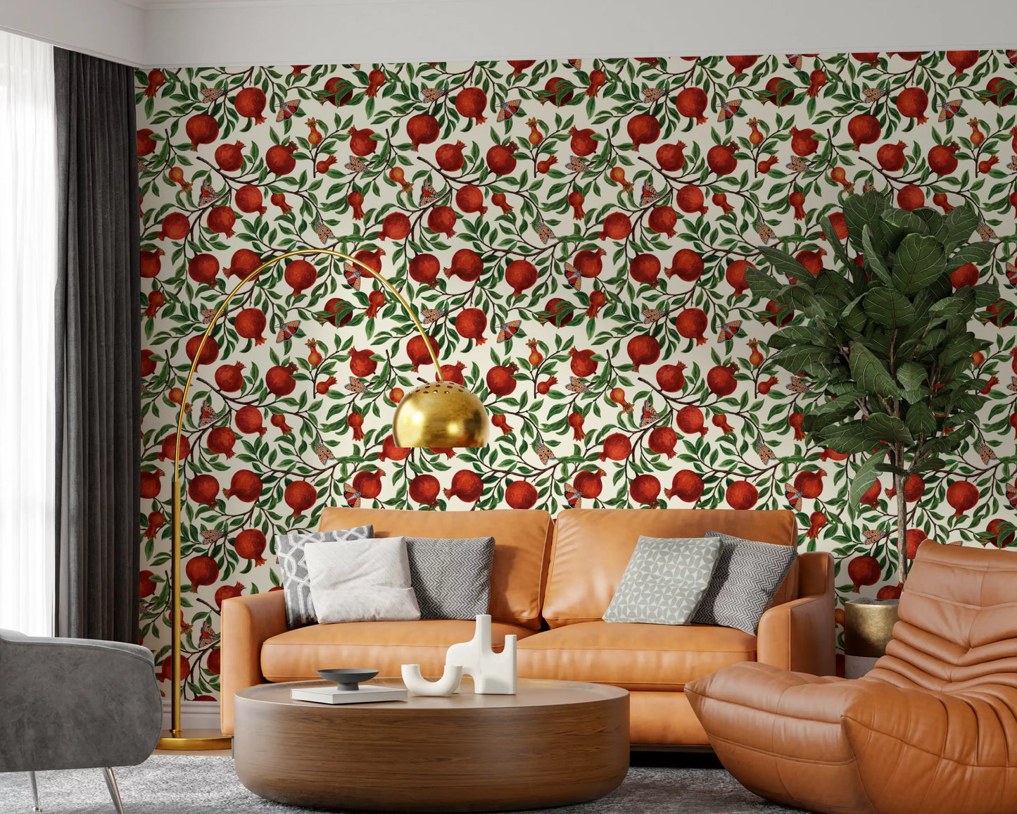 Botanical garden pattern wallpaper with pomegranates and colourful butterflies.