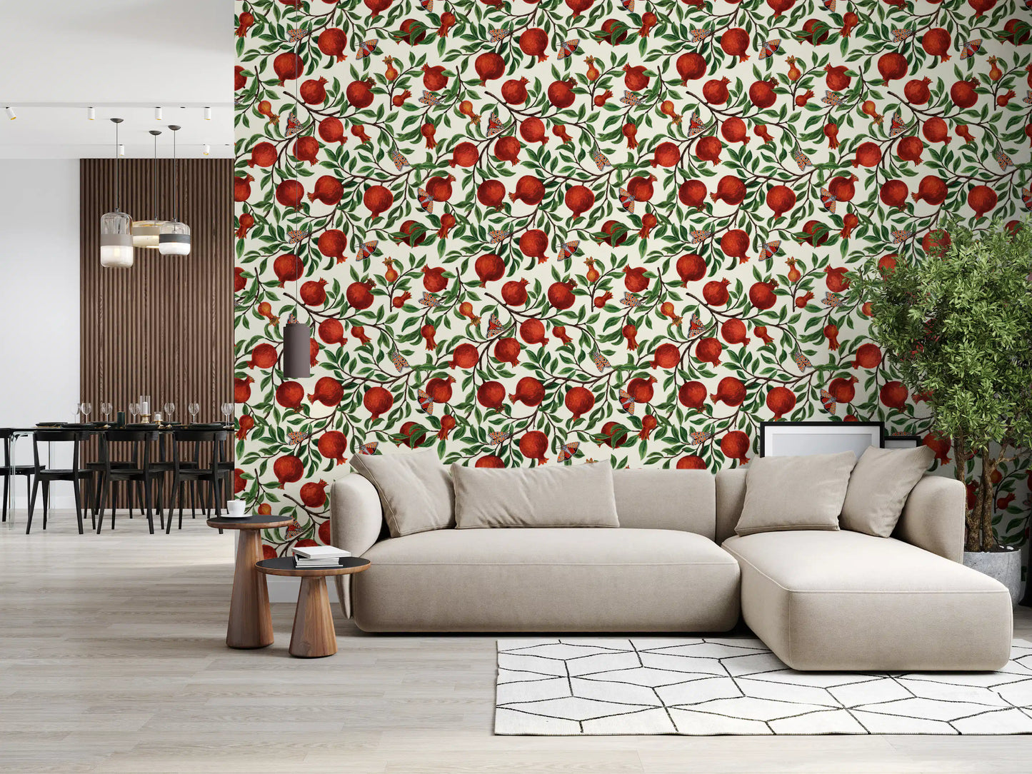 Green leaf and red pomegranate wallpaper with dark brown curving branches.