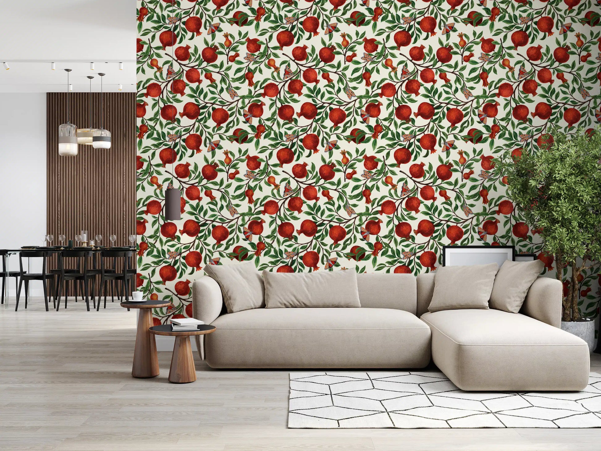 Green leaf and red pomegranate wallpaper with dark brown curving branches.