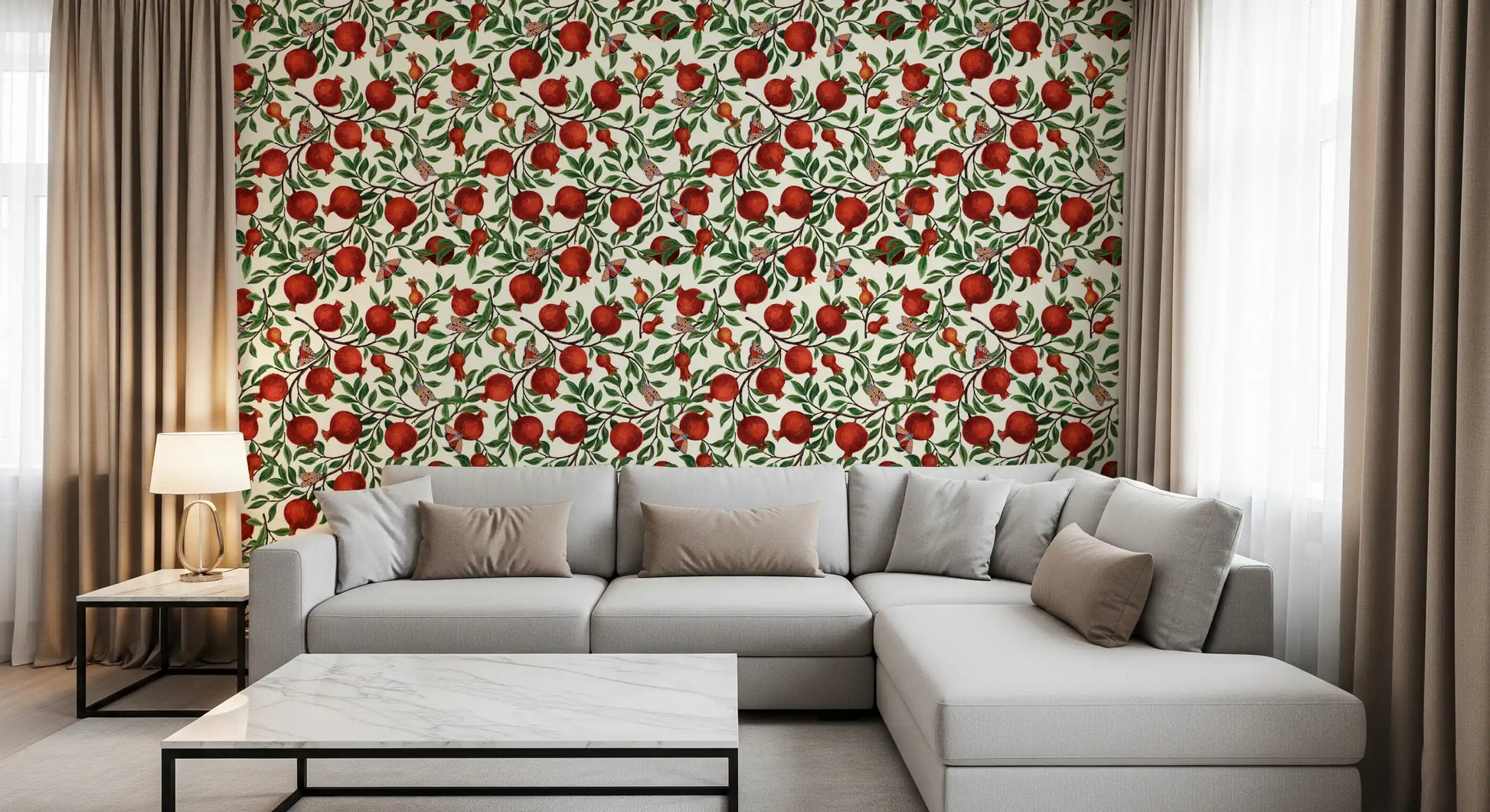 Botanical pomegranate wallpaper with dense green foliage and ripe red fruits.
