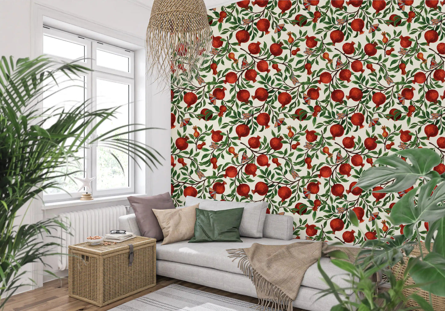 Wallpaper showing pomegranate and butterfly garden pattern.