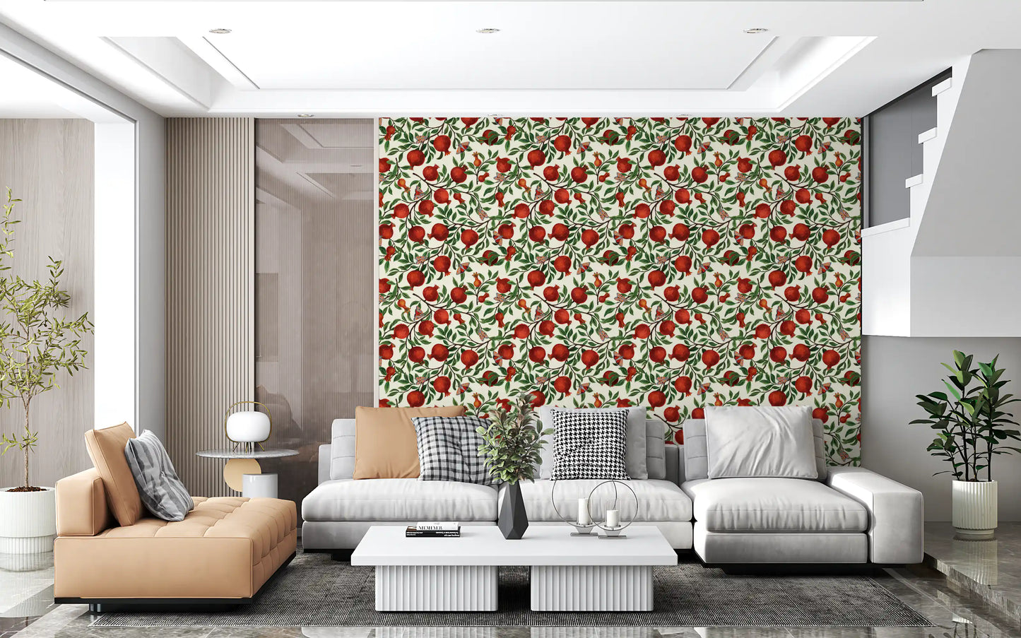 Living room wallpaper with red pomegranates and butterflies on light background.