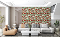 Living room wallpaper with red pomegranates and butterflies on light background.