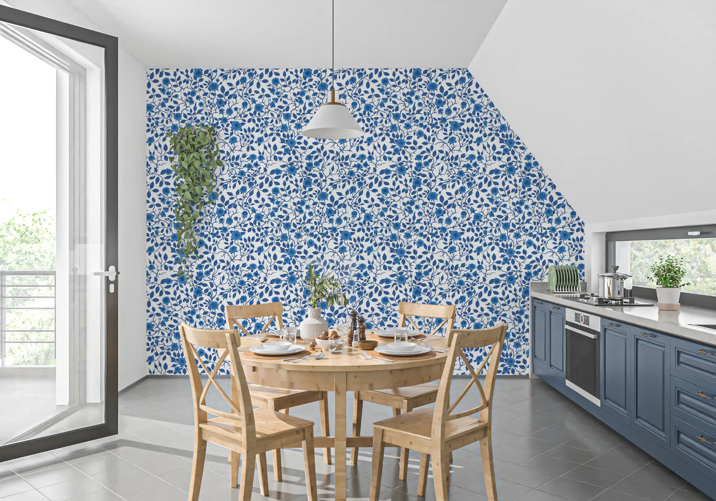 Blue and white wallpaper with full bloom roses and thorny branches in dining room.