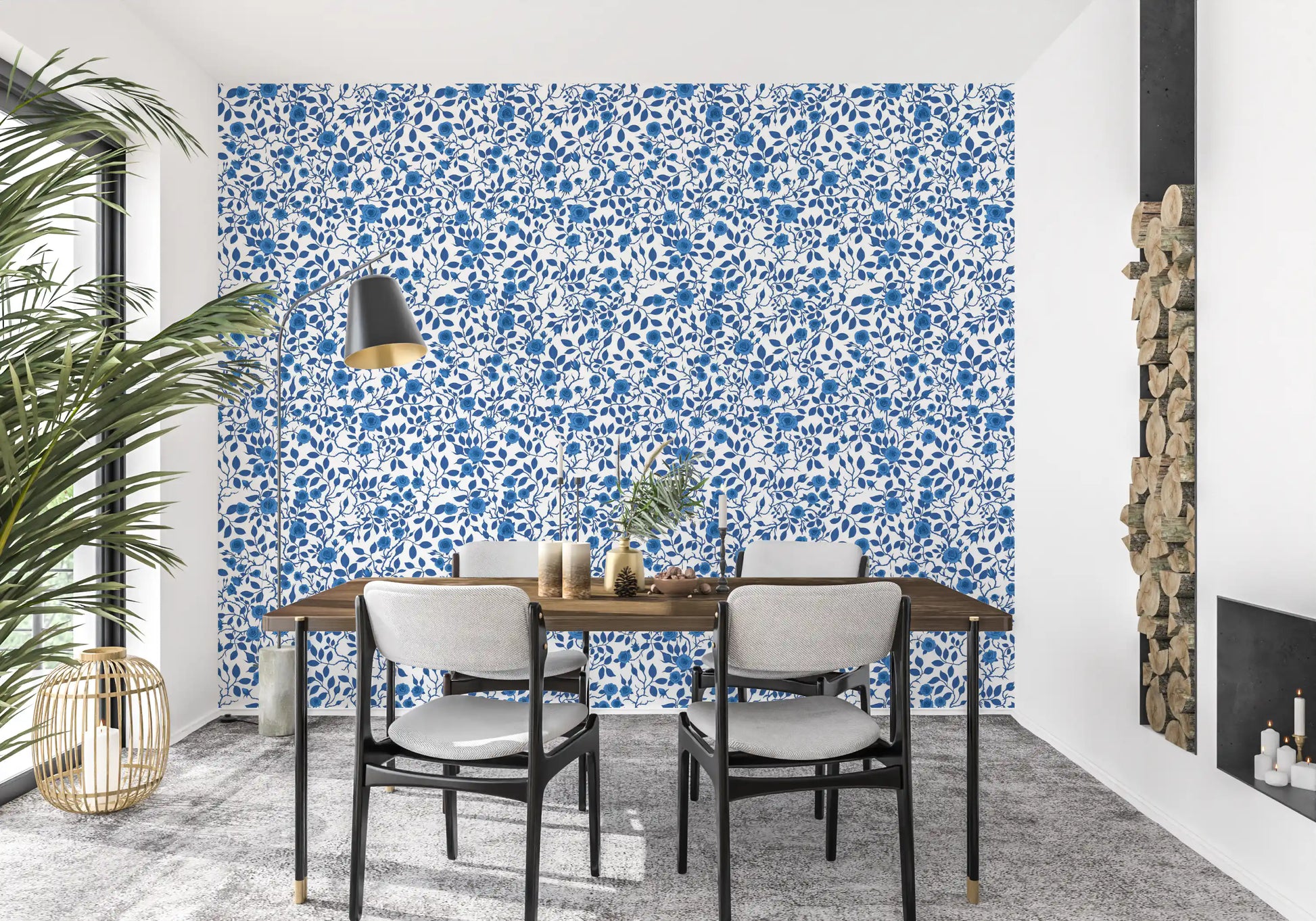 White background wallpaper with dense blue rose vine pattern.
